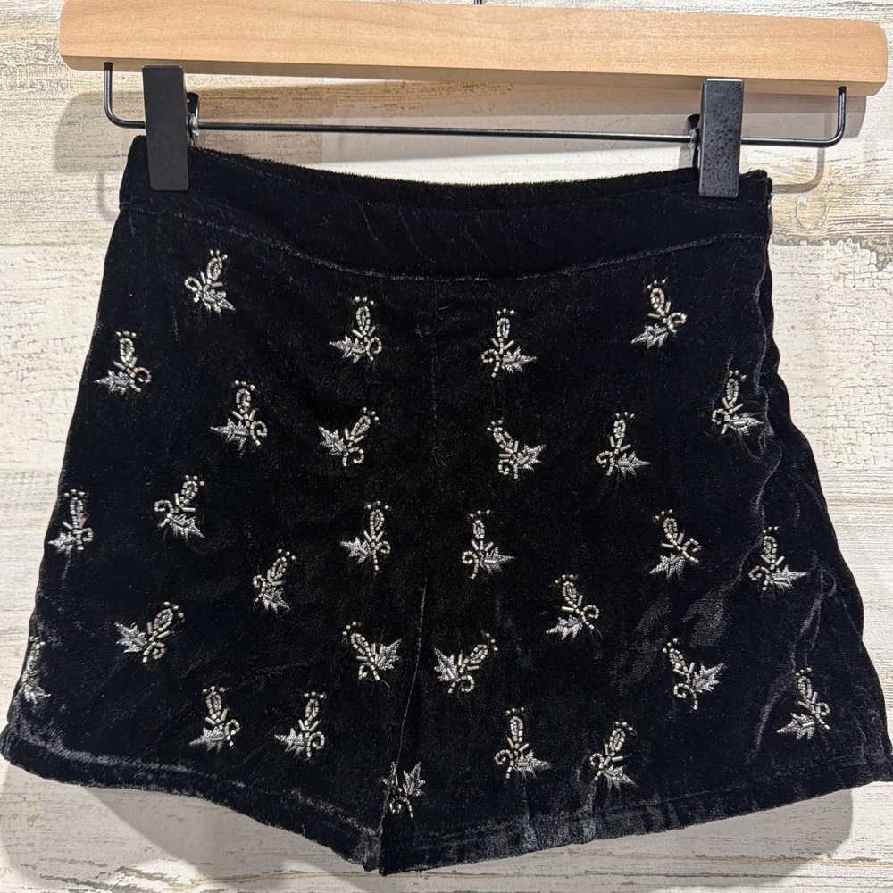 Zara Velvet Shorts Girls 6 Black Silver Beaded Embroidered Coquette EUC